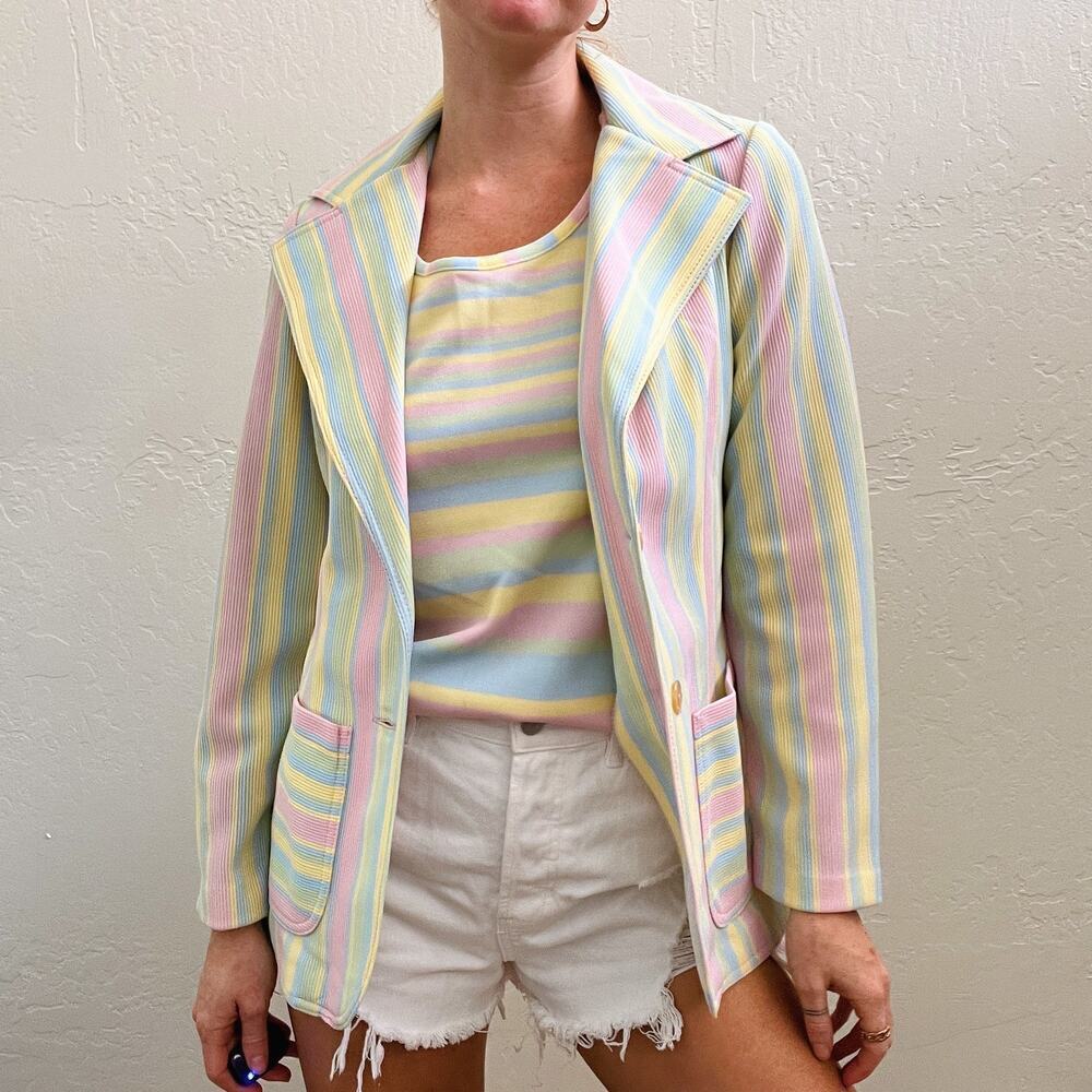 Vintage 1970's Pastel Rainbow Striped Blazer + Tank Suit Set